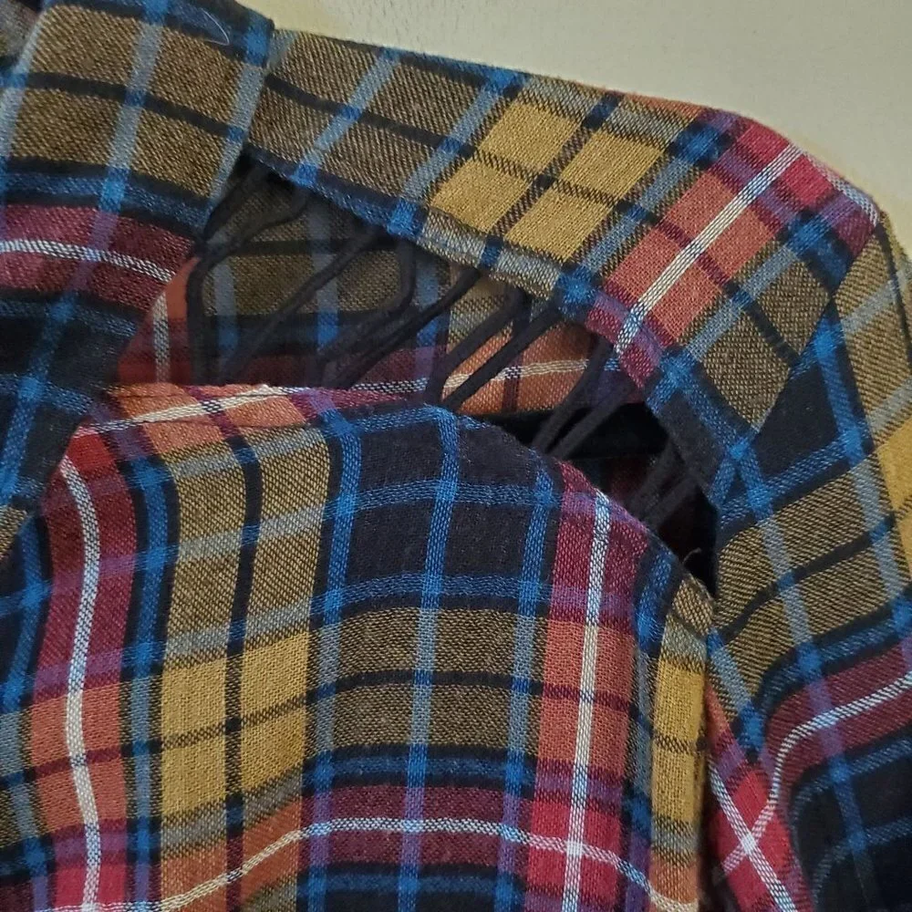 Free People Plaid Open Front Shoulders Metal Snap Western Shirt Size S